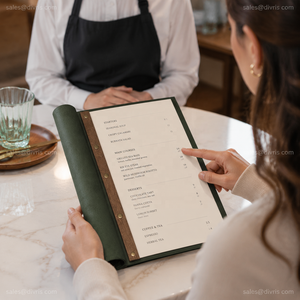 ปกเมนูหนัง PU แบบสั่งทำสำหรับร้านอาหาร โรงแรม และบาร์ ยี่ห้อ DIVRIS พร้อมโลโก้ปั๊มนูนตามแบบ และหลายหน้า - Product Image 4