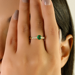 Latest New Design 5 MM Round Cut Emerald & Diamond Double Layer Band Ring Handmade 14K Yellow Gold Minimal Stackable Jewelry - Product Image 4