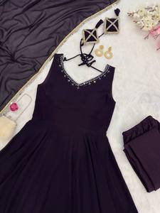 Ensemble de robe Anarkali noir léger pour femmes pantalon Dupatta miroir dentelle travail bordure Style traditionnel tissu Georgette pour les fêtes - Product Image 4