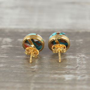 Boucles d'oreilles en argent sterling 925 massif, cuivre nacré, turquoise plaqué or, forme ronde lisse, pierre précieuse, bijoux de mariage pour femmes - Product Image 4