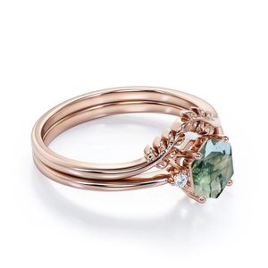 Bague de mariage personnalisable 0.55 carat hexagone mousse agate Moissanite diamant bague de mariée ensemble plaqué rhodium trois anneaux de fête de mariage pour les femmes - Product Image 2