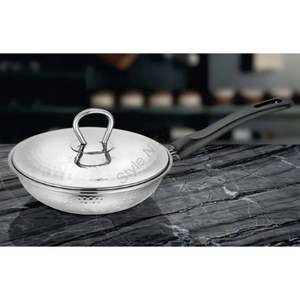 Poêle à frire martelée en acier inoxydable de qualité supérieure avec couvercle en acier inoxydable poignée en bakélite couleur argent martelé - Product Image 2