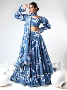 SADABHAR POLVO AZUL CLAVEL ORGANZA LEHENGA SET Seda Impreso Gul Fiza Lehenga Choli - Product Image 5