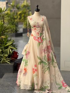 Conjunto de Sari Indio-Pakistaní con Estampado Floral Digital, Vestido Largo de Organza Jimmy Pura para Mujer, con Chal, para Fiestas, Bodas y Graduaciones - Product Image 4