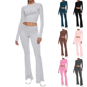 Women's Yoga Sets Crew Neck Long Sleeve Crop Tee and <b>Low</b> Rise <b>Flare</b> Pants Tracksuit Slim Fit Two Piece Outfits - Product Image 1