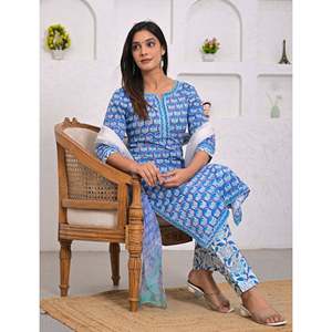 Blue Hand-Drawn <b>Block</b> <b>Printed</b> Cotton Kurta Pant Set with Dupatta Ethnic Indian Wedding and Party Wear Stitched - Product Image 6