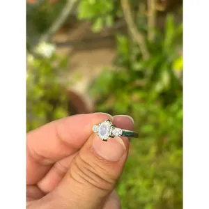 925 Silver Rainbow Moonstone <b>Adjustable</b> <b>Ring</b> Trendy Rose Gold Plated Stainless Steel Inlay 18K Plating Color for Engagement - Product Image 3