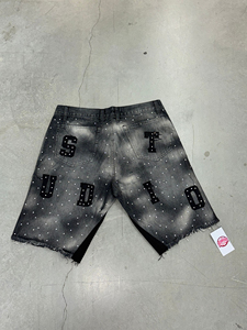 Hot Sale Custom Men's 100% Denim Shorts Rhinestone pant Summer jeans Diamond Crystal Side <b>Strip</b> Washed Denim Shorts for Men - Product Image 2