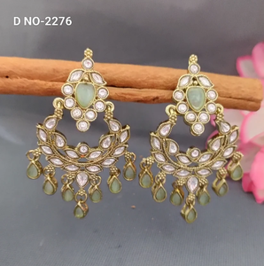 ต่างหูโทน Mehandi Kundan คุณภาพพรีเมี่ยมพร้อมอัญมณีเพชรโมอิสสำหรับเจ้าสาวและเทศกาลดูจากอินเดีย - Product Image 4
