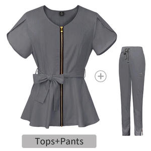 Conjunto de Uniforme Médico Personalizado para Mujer, Elegante, de Mezcla de Algodón y Denim, con Cremallera de Detección de Agujas, Cinturón y Pantalones a Juego para Uso Hospitalario - Product Image 2