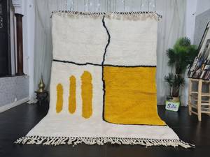 Best Artistic Beniourain Moroccan Handmade Rug Turmeric Yellow and White Abstract Handmade <b>Sheep</b> Wool Carpet Wholesale Supplier - Product Image 6