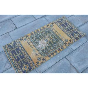 Alfombra de 1.9x4.2 pies, Alfombra Turca Vintage, Alfombra Persa Azul y Amarilla - Product Image 3
