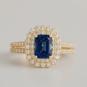 Anillo de compromiso de zafiro azul oro macizo de 18 quilates, doble Halo, joyería fina Vintage, ética sostenible, fabricante OEM de Tailandia - Product Image 1