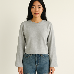 T-shirt court ample à manches longues pour femme, en maille douce, décontracté, basique, pull, OEM ODM Vietnam, logo personnalisé - Product Image 3