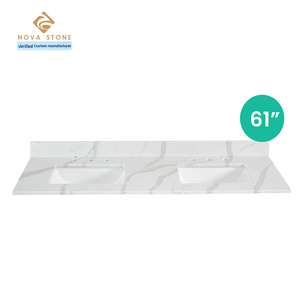 61 "Projet résidentiel préfini anti-humidité Villa double bassin Calacatta Comptoir de salle de bain en pierre de quartz artificiel blanc - Product Image 2