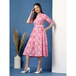 เดรสผ้าฝ้ายสีชมพูทรงพอดีตัวและทรงบานสำหรับผู้หญิง สวมใส่สบาย ลายพิมพ์สีสันสดใส - Product Image 2