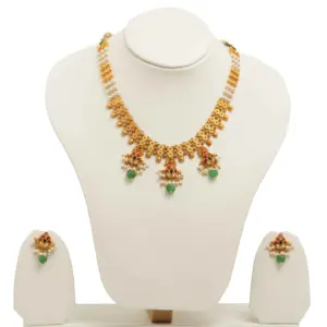 Traditional gold plated pearl <b>chain</b> necklace set with red green stone dangler design and matching <b>earrings</b> for bridal wear - Product Image 3