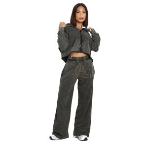 OEM/ODM 100% algodón Regular Fit con capucha sólido Streetwear Vintage Crop Sweatsuit cordón ácido lavado mujer chándal alto - Product Image 1