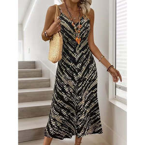 Vestido largo entrelazado con estampado y cuello en V con tirantes finos para mujer, 34849 - Negro - Product Image 4
