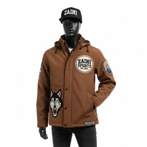 Veste softshell pour homme, 320GSM, premium, résistante à l'eau, respirante, marron noir, logo personnalisé, broderie, patchs - Product Image 1