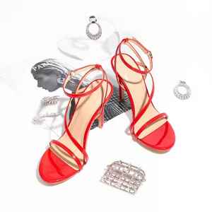 รองเท้าแตะส้นเข็มแบบมีสายรัดไขว้ที่มีความซับซ้อน10ซม. พร้อมสายรัดข้อเท้าและไวเบรม PU - Product Image 2