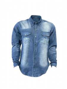 Chemise en jean vintage unie pour homme, à manches longues, boutonnée, style décontracté, avec poches poitrine, tissée pour l'automne - Product Image 1