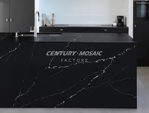 Centurymosaic Wholesale Artificial Black Calacatta Quartz Stone Kitchen Countertop Tops Big Slabs