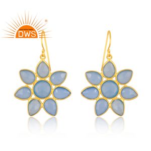 Dernière conception de boucles d'oreilles en argent sterling plaqué or 18 carats en calcédoine bleue naturelle avec pierres précieuses Demi Fine Jewelry Manufacturer - Product Image 2