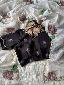 Suave Teby Organza seda Sari estampado Floral elegante cuello tradicional blusa Khatli Cutdana borde para fiestas hecho a mano indio - Product Image 5