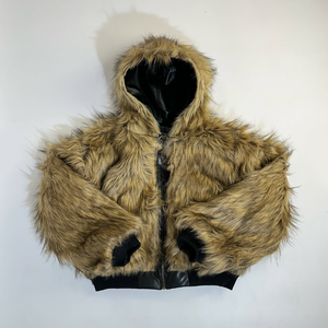 Veste bomber en cuir et fourrure réversible pour homme, logo sur le devant, coupe-vent, imperméable, patchwork contrasté, capuche en PU - Product Image 1