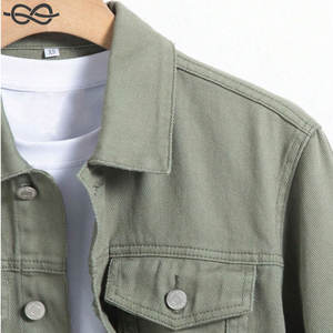 แจ็คเก็ตยีนส์มีกระเป๋าผ้าฝ้าย100% สำหรับผู้ชายสีเขียวล้วนกระดุมแถวเดียวคอเสื้อคอสูง - Product Image 6