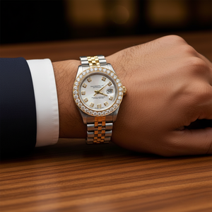 Luxury Moissanite Diamond Two Tone Watch Stainless Steel Iced Bezel Date Display Unisex <b>Wristwatch</b> - Product Image 6