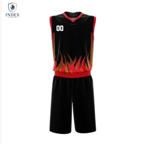 INDEX APPAREL Custom Sublimated Basketball Jersey Shorts Set Black Red Flame Print V-Neck Sleeveless Moisture Wicking - Product Image 1