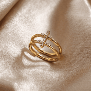 Anillo Abierto de Plata de Ley 925 con Doble Cruz, Ajustable, Chapado en Oro, Venta al por Mayor - Product Image 2