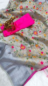 Bollywood Beautiful Soft <b>Organza</b> <b>Silk</b> Multi Color Sari Woven Border and All Over Multi Color Heavy Embroidery Work - Product Image 2