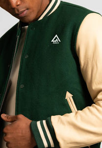 Green Varsity Jacket 100% Wool Custom Letterman with Cow Skin <b>Leather</b> Sleeves Stand Collar Unisex Best Product In AKO - Product Image 4