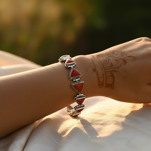 Bracelet pour femme en perles de corail rouge argenté, plaqué or, design triangulaire tendance, style religieux, diamant principal en cuivre, cadeau religieux - Product Image 2