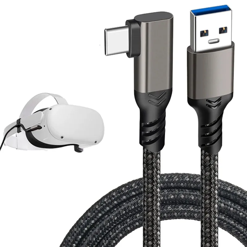 Kabel USB C pengisian daya cepat, kabel Data nilon 90 derajat, 3M 5M, pengisian cepat, kabel USB C 3.0 Tipe C untuk ocular Quest VR Link, kabel USB