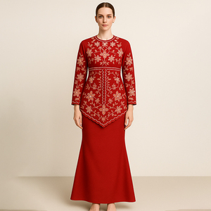 2025 modesto islámico Baju Kurung conjunto de 2 piezas bordado pesado en forma de V festoneado estilo malayo de talla grande bodas transpirables - Product Image 2