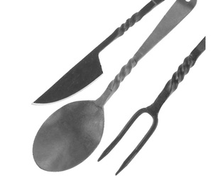 Couverts médiévaux de 3 pièces forgés à la main personnalisés, couverts OEM appropriés couteau fourchette cuillère pour festoyer et camper - Product Image 4