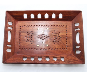 Precio de fábrica directo Bandeja de madera hecha a mano Diseño de latón cachemir para servir café Frutas Agua Cocina Comida Entretener a los invitados - Product Image 1