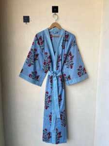 Kimono de algodón 100% con estampado de bloques, albornoz con estampado Floral, bata larga, ropa de dormir de verano, regalo Unisex de dama de honor, talla única - Product Image 4