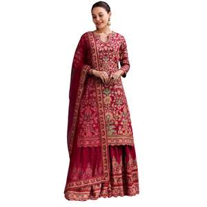 Ensemble palazzo brodé rose Rani vente en gros de vêtements ethniques pour femmes fournisseur d'usine de vêtements OEM tenue de fête de mariage personnalisée - Product Image 1