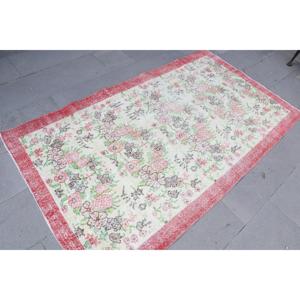 Turkish 3.8x6.7 ft Rug, Area Vintage Rug, <b>Red</b> Pink Abstract <b>Wool</b> Rug - Product Image 3