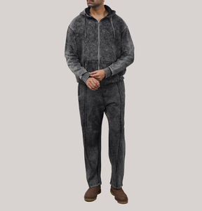 Conjunto Deportivo de Invierno para Hombre, 100% Algodón, Lavado Ácido, Pantalón Acampanado y Sudadera con Cremallera, Personalizable con Logotipo - Product Image 1