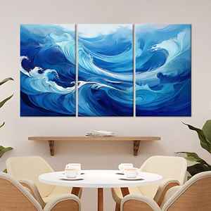 Toile d'art élégante avec motif de vagues océaniques : paysage marin imprimé aux coups de pinceau bleus, lot de 3 toiles - Product Image 1
