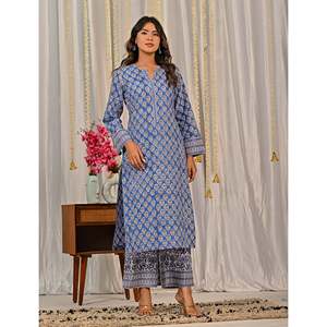 Blue <b>Block</b> <b>Printed</b> Anarkali Kurta Pant Set Indian Ethnic Style Cotton Net Fabric Embroidery Party Wear for Special Occasions - Product Image 6