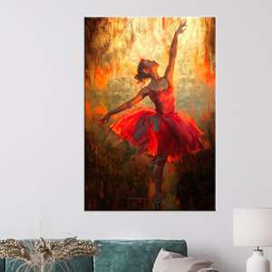 Tableau sur toile Ballerine Ardente : Danseuse en robe rouge dans la lumière dorée, TOILE ENVELOPPEE - Product Image 1