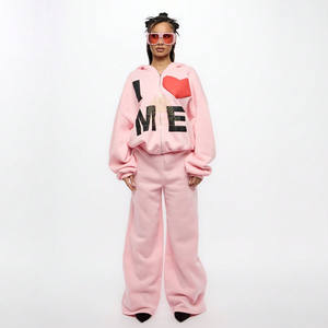 Ensemble 2 pièces pour femmes Vente en gros Ensemble de survêtements pour femmes Streetwear personnalisé Ensemble de pantalons de survêtement à capuche avec fermeture éclair et logo imprimé bouffant - Product Image 1