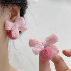 2026New Crochet Girl's Woolen Bow Plush Ball Clip-On <b>Earrings</b> Cute Sweet Electroplated Maillard Design <b>Silver</b> Ear Studs <b>Earrings</b> - Product Image 1